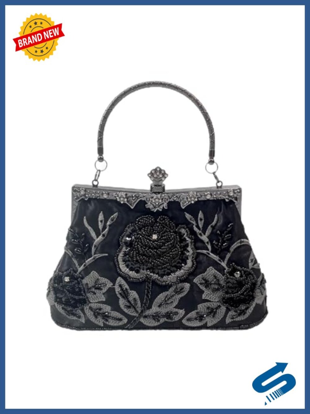 Beaded Embroidered Evening Clutch Handbag with Detachable Chain